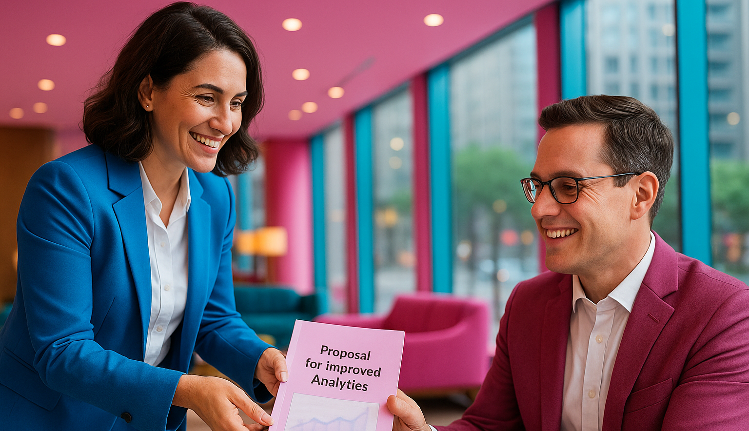 A business leader nodding in approval while reading a proposal, with a team member smiling in the background.