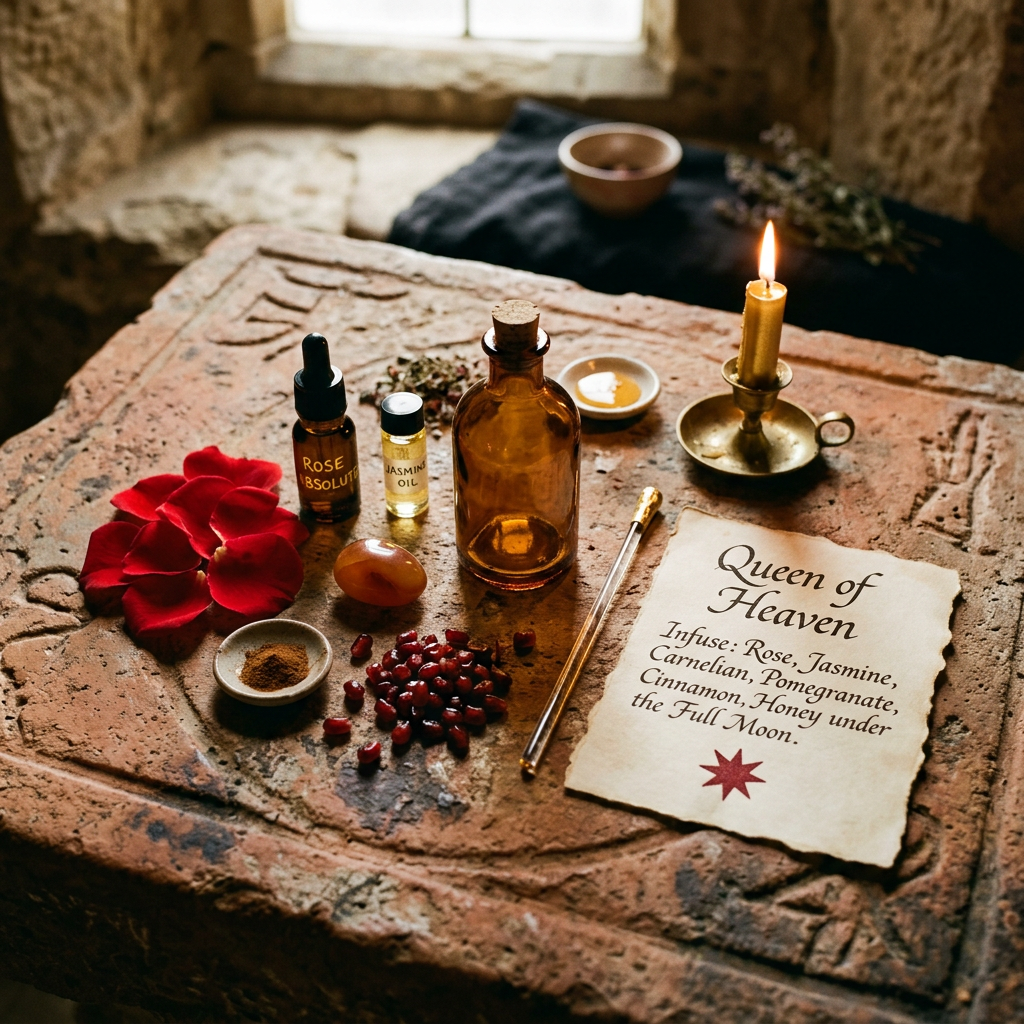A high-angle shot of a ritual setup on a carved stone surface. It includes a vintage amber glass bottle with a cork stopper, small bottles labeled "Rose Absolute" and "Jasmine Oil," red rose petals, a piece of carnelian, fresh pomegranate seeds, a tiny dish of ground cinnamon, and a lit gold taper candle in a brass holder. A piece of parchment paper script reads "Queen of Heaven" alongside a recipe instructing to infuse rose, jasmine, carnelian, pomegranate, cinnamon, and honey under the Full Moon, marked with an eight-pointed star.