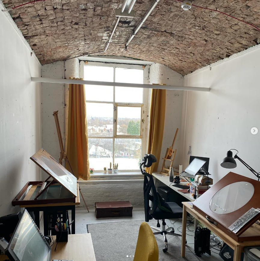 The studio space looking out to the old gas tower