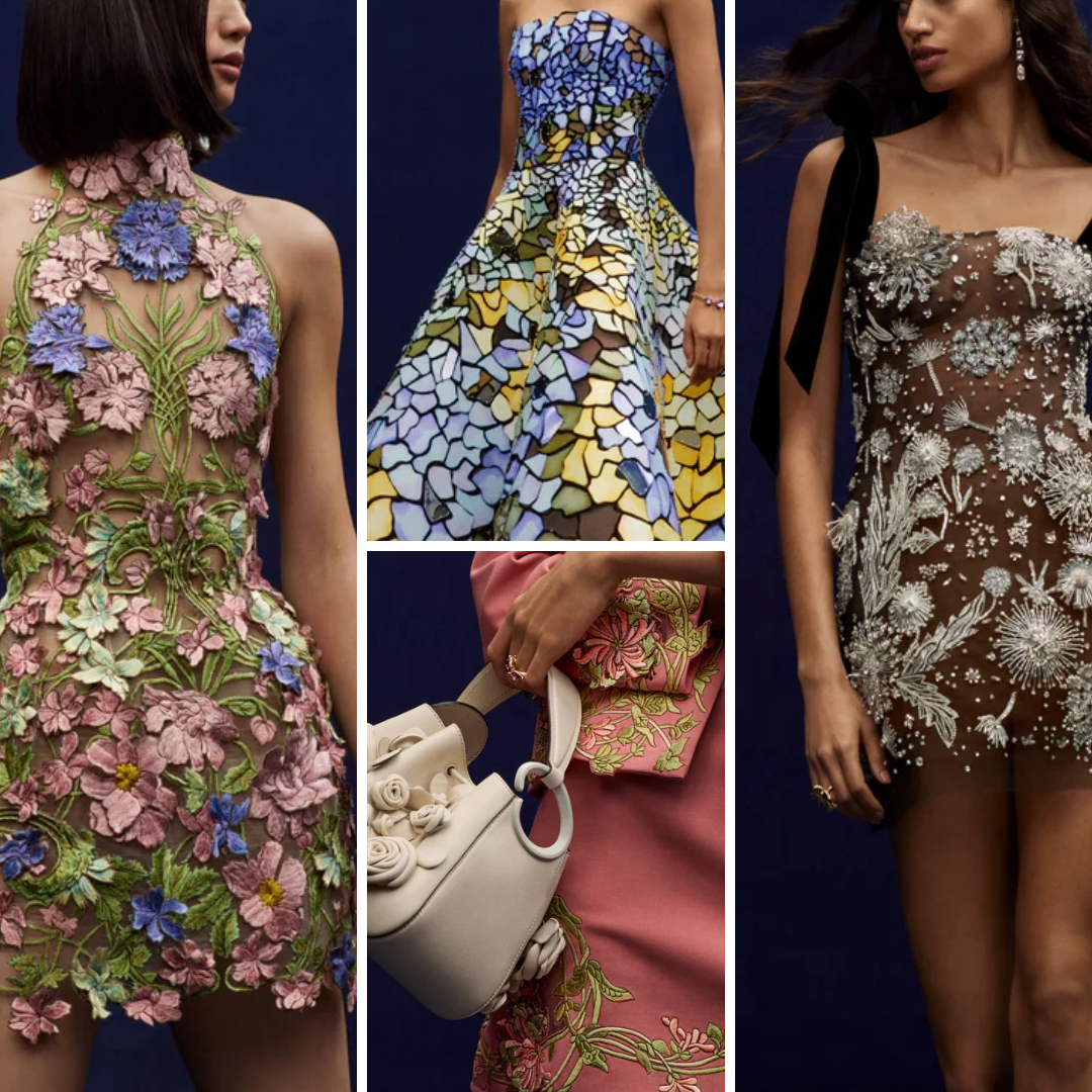 Oscar de la Renta Fall 2024 collage featuring stained-glass appliqué, tambour beading, and embroidery on knits.