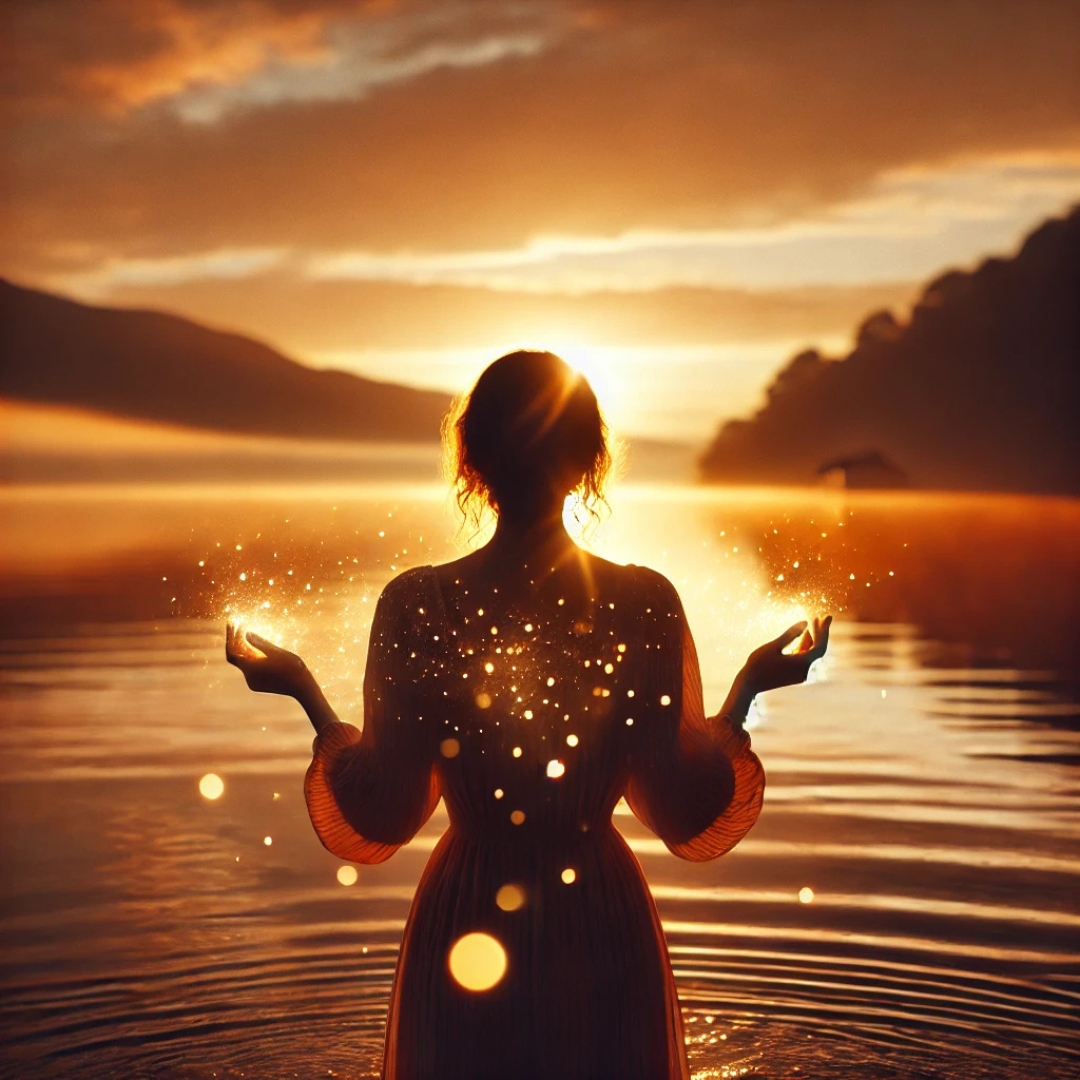 Femme debout au bord d’un lac au coucher du soleil, laissant s’élever des particules lumineuses de ses mains, symbolisant la paix avec les trahisons du passé