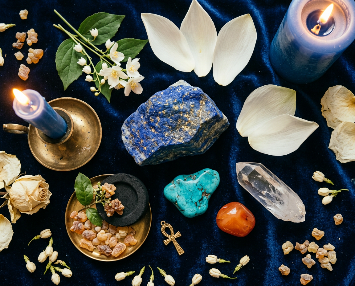 A flat-lay, top-down photograph of a spiritual ritual layout on a rich, dark blue velvet fabric. Centered in the composition is a large, rugged piece of deep blue lapis lazuli stone heavily flecked with shimmering gold streaks. Surrounding the stone are various magical objects: two burning blue candles in brass holders, large white lotus petals, sprigs of delicate white jasmine flowers, a clear quartz crystal point, a polished turquoise stone, a smooth orange carnelian stone, and a small golden Ankh charm. Loose frankincense and myrrh resin tears, dried white rosebuds, and tiny white flowers are artfully scattered across the velvet.