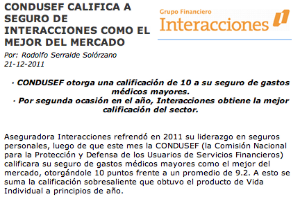 Fragmento de nota de prensa que muestra cómo los medios interpretaron las calificaciones de El Calificador de Condusef como indicador de calidad del producto, en lugar de calidad de la información