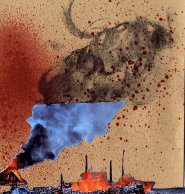Collage artistique qui illustre le podcast. On y voit un paysage en feu et des flammes bleues et noires qui s'élèvent devant un ciel ocre tacheté de rouge