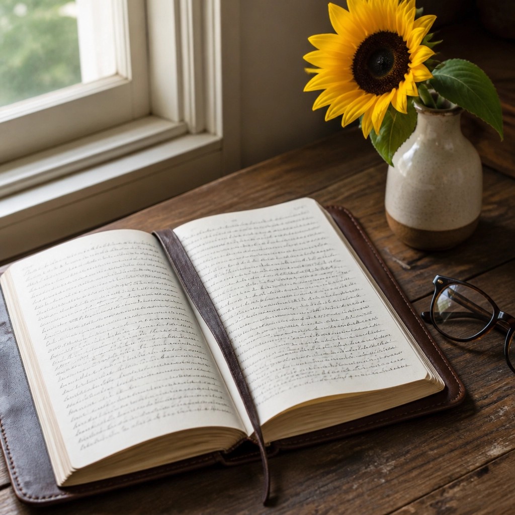 A close-up photo of an open, leather-bound journal on a wooden desk next to a vase with a single bright sunflower, bathed in soft morning light.