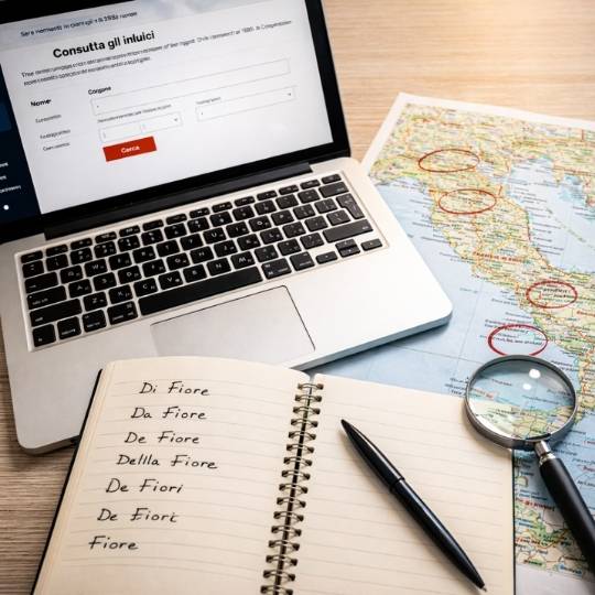 Ordinateur affichant un site d’archives italiennes avec carnet listant différentes variantes d’un patronyme pour une recherche généalogique.