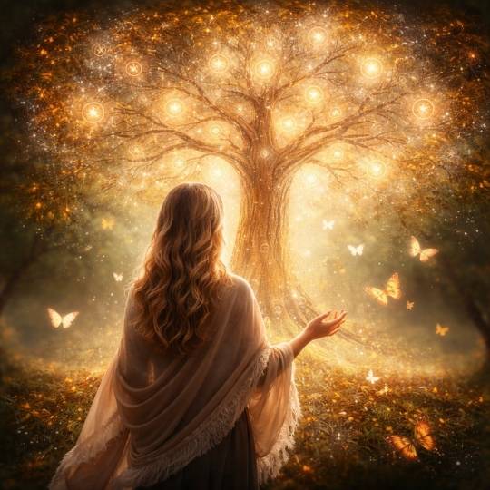 Une femme en mouvement contemplant un arbre transgénérationnel symbolique, illustrant le cheminement intérieur et la transformation progressive de la lecture familiale