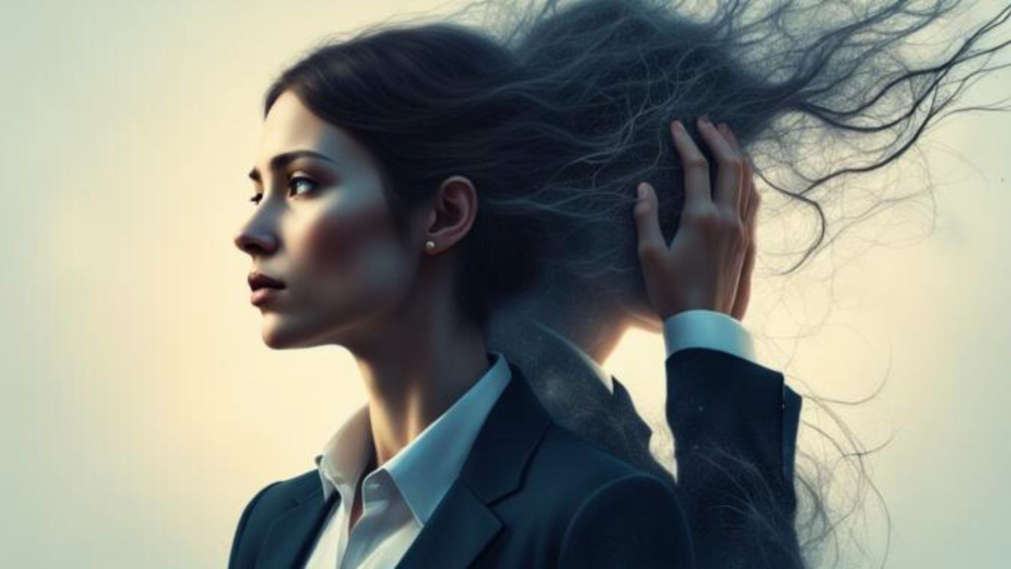 AltConceptual portrait of a professional woman in profile, calmly facing forward while dark, tangled strands trail from her head behind her, symbolizing the contrast between external composure and internal mental overload from constant overthinking.