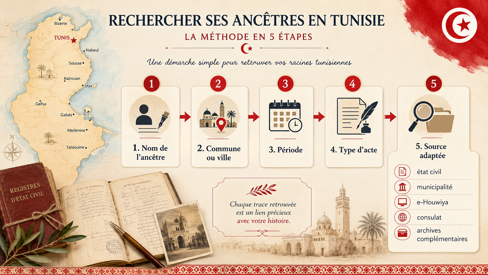 Schéma avec carte de la Tunisie montrant les étapes pour rechercher ses ancêtres tunisiens à partir du nom, de la commune, de la période, du type d’acte et de l’état civil