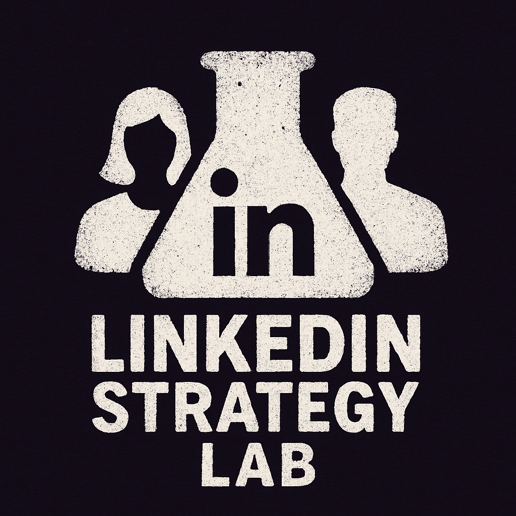 Logo for the LinkedIn Strategy Lab featuring a laboratory flask with the LinkedIn ‘in’ icon inside and two human silhouettes, representing LinkedIn training, visibility strategy, community learning, and professional development for entrepreneurs and business owners.