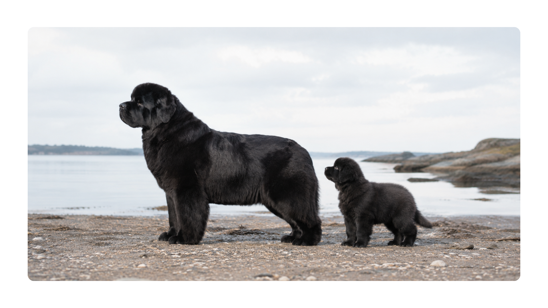 Adult black Newfoundland and Newfoundland puppy standing on a shoreline, representing future potential and thoughtful dog breeding decisions.