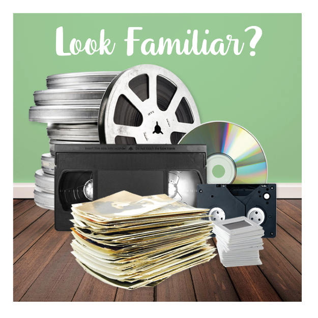 Image showing media to be scanned and digitized - from single printed imaeges to film reels, VHS and Beta and photo slids