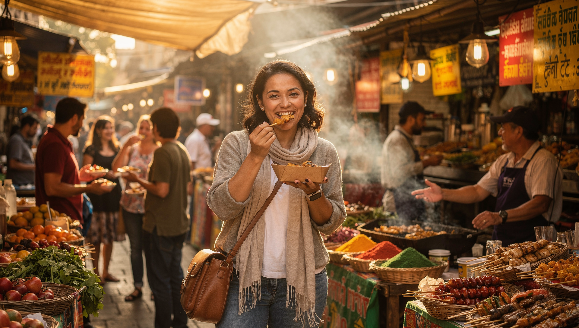 Cultural immersion travel moments including local interaction, journaling, and authentic food experiences 