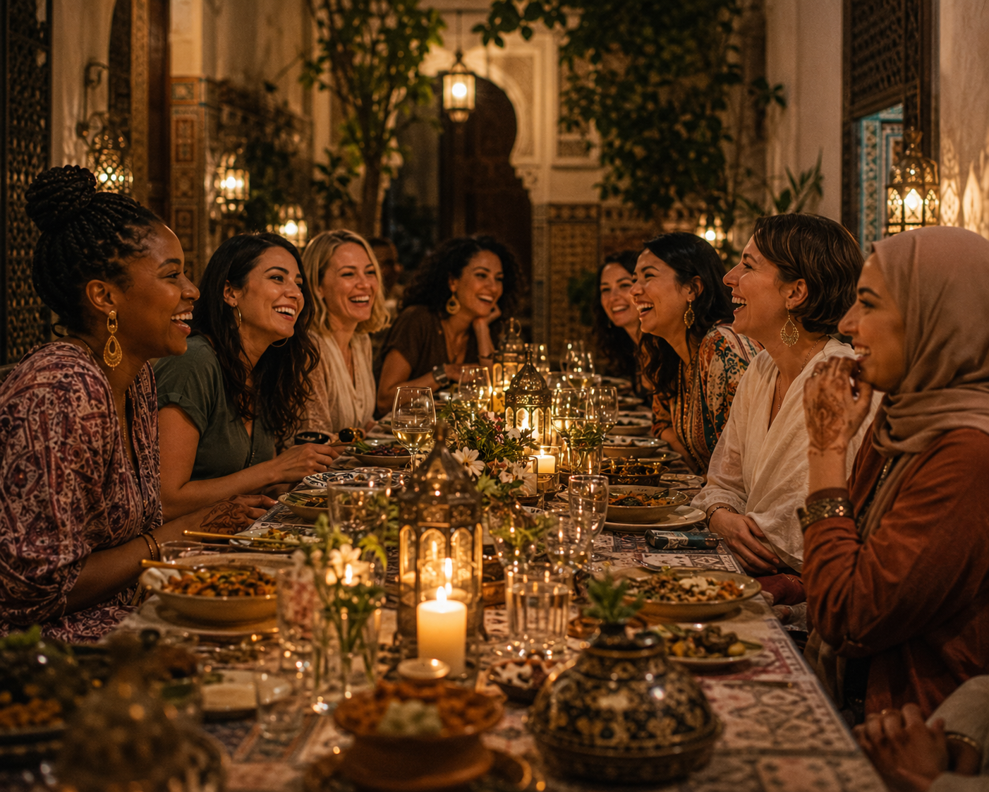 Women laughing together over a long candlelit dinner table on a cultural group trip