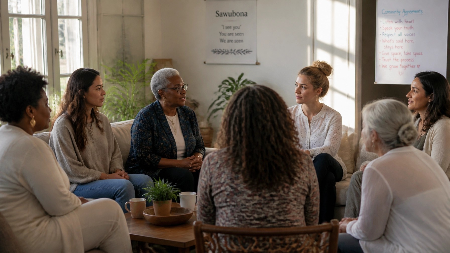 A diverse group of women gathered in a warm, sun-drenched circle, leaning in and listening intently to one another, representing the shift from competition to authentic connection.
