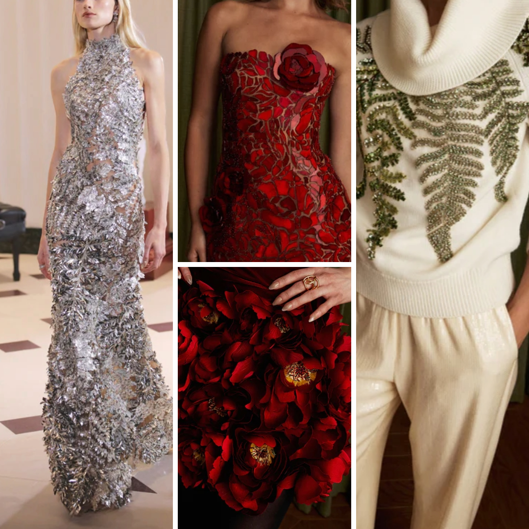 Fall 2025 collage featuring appliqué florals, tonal embellishment, and embroidered tailoring from Oscar de la Renta.