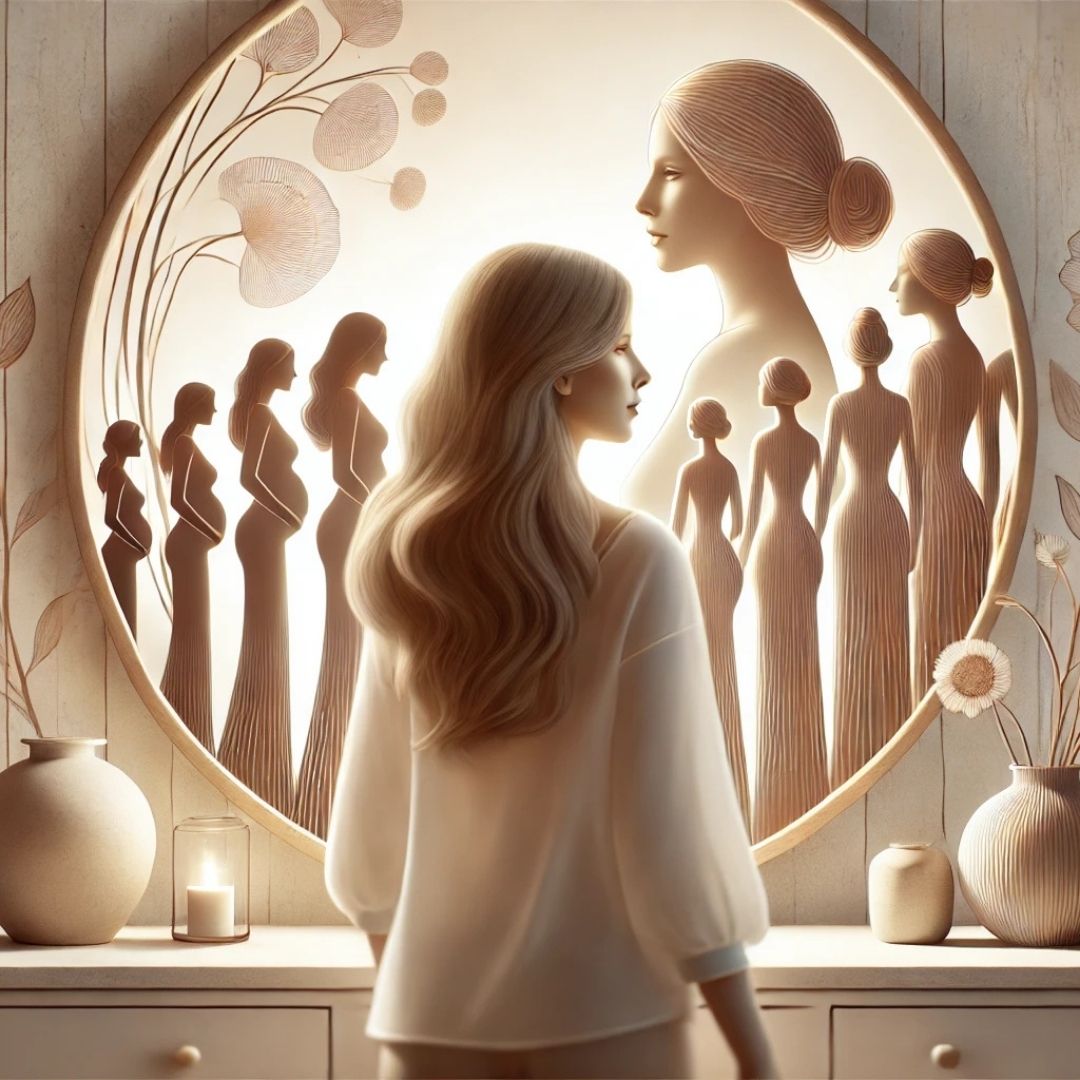 Femme face à un miroir reflétant les silhouettes stylisées de ses ancêtres féminines, symbole de l’héritage transgénérationnel et des mémoires invisibles