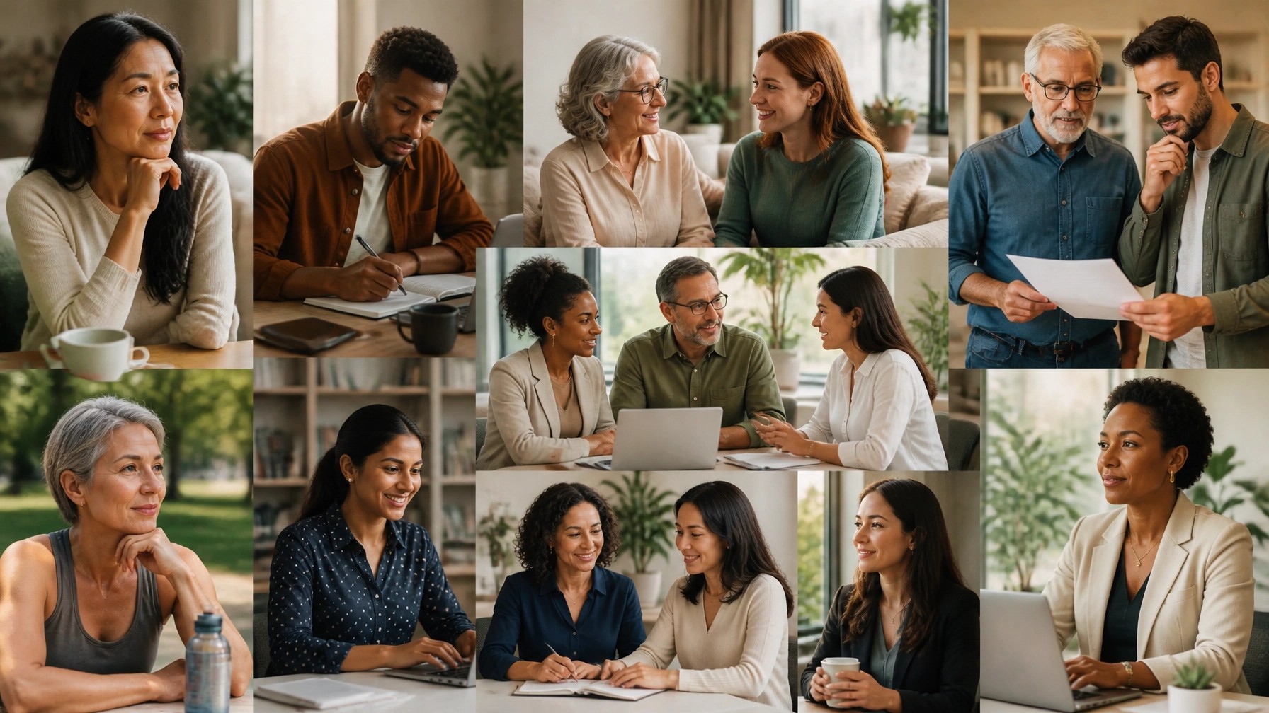  Diverse men and women across generations reflecting, sharing support, and planning their next steps.