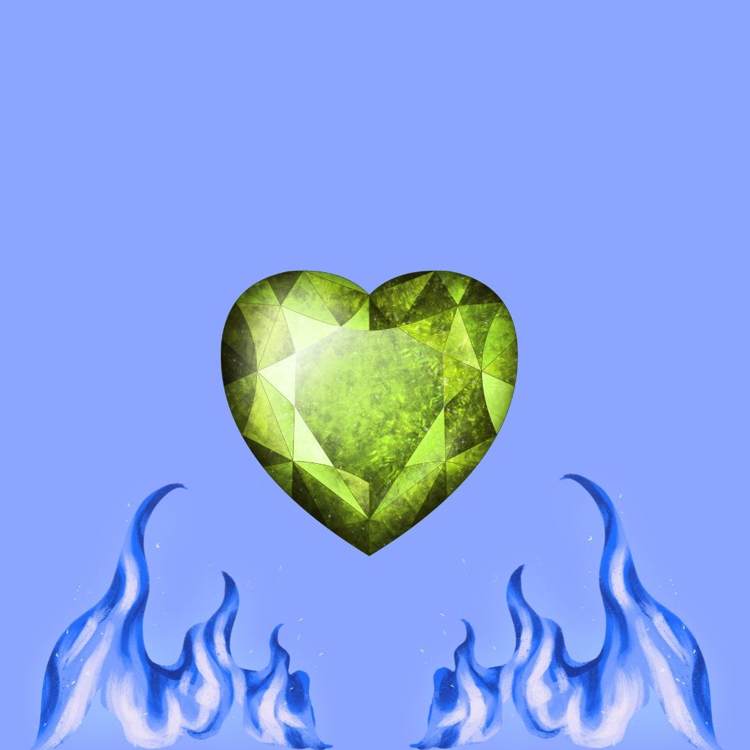 Image d'un gros coeur en diamant vert sur un fond bleu avec des flammes bleus en dessous