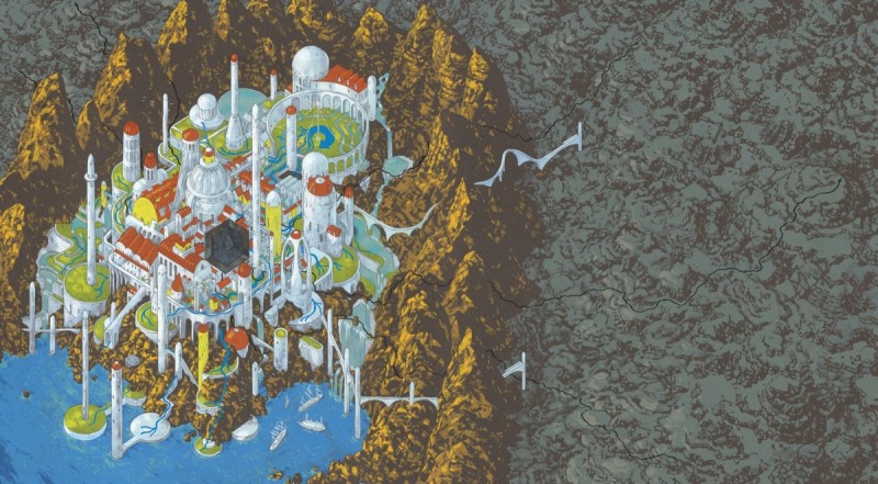 An illustrated map of the city of Omelas, the setting of The Ones Who Walk Away From Omelas, a work of short fiction by science fiction writer Ursula K. Le Guin. Illustration by Andrew DeGraff.