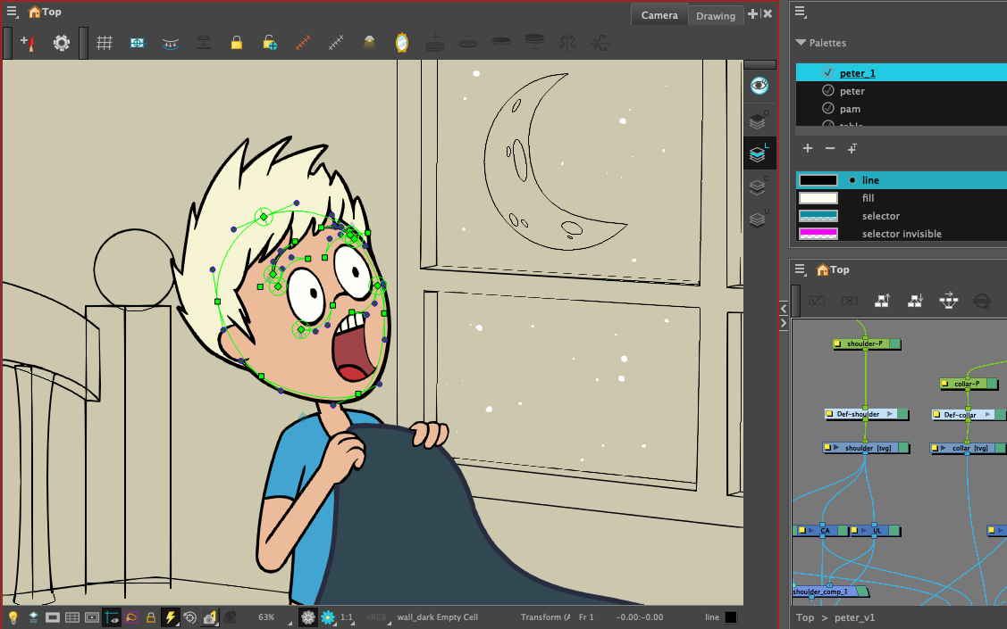 Shot progress with elements on wireframe