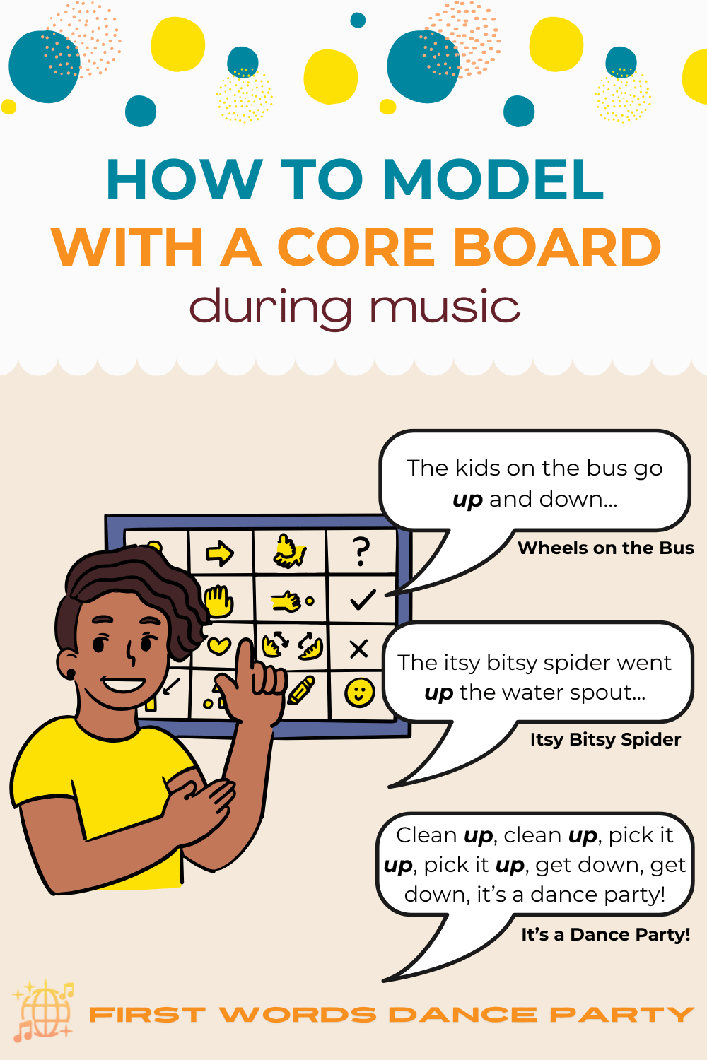 A parent using a core board to model the word "up". 