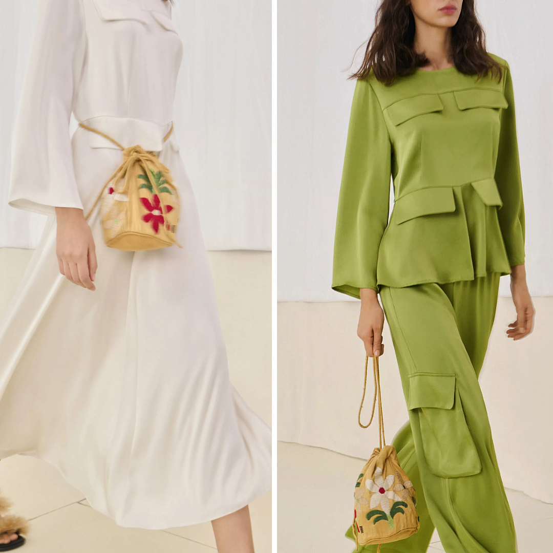 By Malene Birger’s yellow drawstring pouch with bold floral embroidery, styled as both a belt bag and handheld accessory