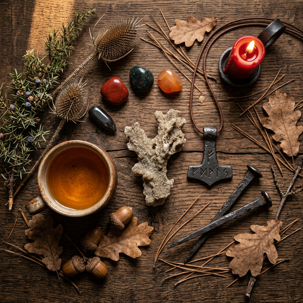 Overhead flat lay of ritual items on weathered wood, including a Mjölnir pendant with runes, a lit red candle, polished gemstones, dried oak leaves, acorns, iron nails, juniper sprigs, and a cup of mead.