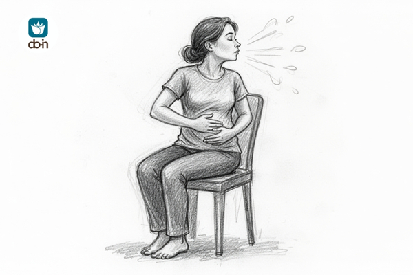 Potloodtekening vrouw op stoel met handen op Hara — uitademing zichtbaar als beweging, Do-In Yoga oefening voor de Levermeridiaan