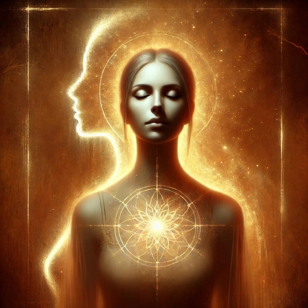 Femme immobile ressentant un poids émotionnel hérité, sur fond lumineux représentant la mémoire ancestrale transgénérationnelle