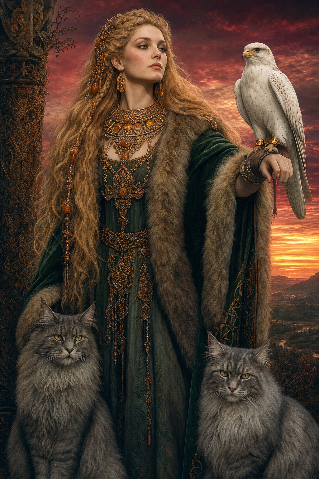 A detailed portrait of a Norse goddess with long, wavy blonde hair braided with amber beads. She wears an ornate golden statement necklace, a green gown, and a heavy fur-trimmed cloak. A large white falcon with golden tethers perched on her leather-gloved wrist. Two large, fluffy grey Maine Coon cats sit at her feet, looking forward. The background features a dramatic, fiery orange and red sunset over a mountainous landscape.