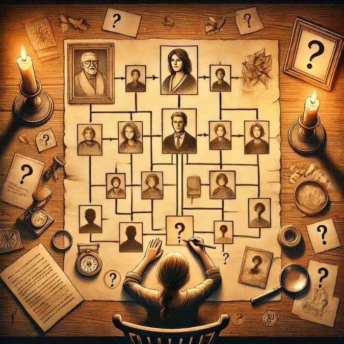 Une femme trace son arbre familial sur trois générations, entourée de documents, photos anciennes et zones d’ombre symbolisées par des points d’interrogation