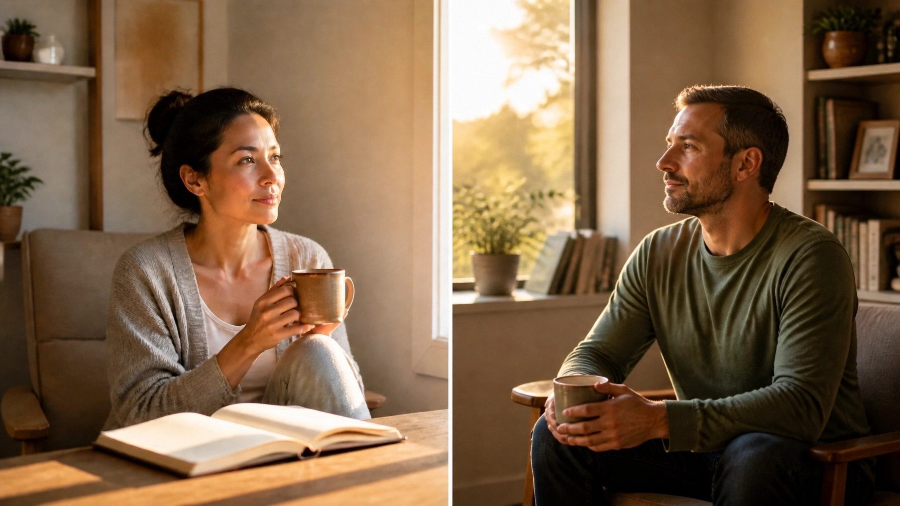 A reflective woman and man shown in two connected scenes, representing healing, hope, resilience, and support after difficult life experiences.