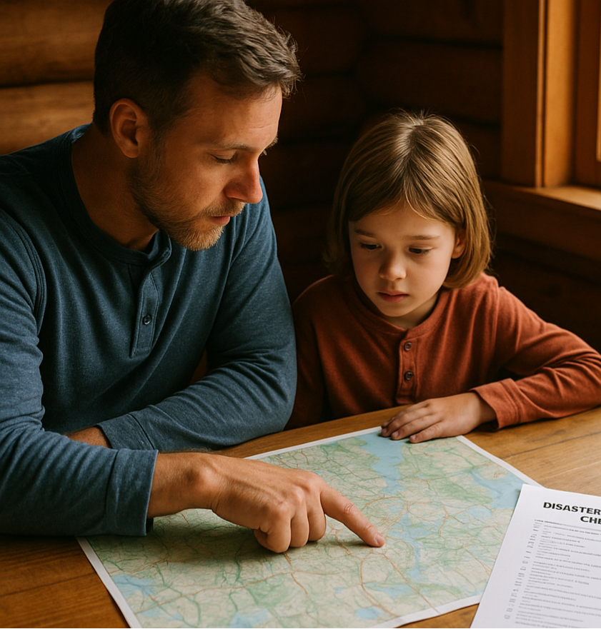 father and son looking at map