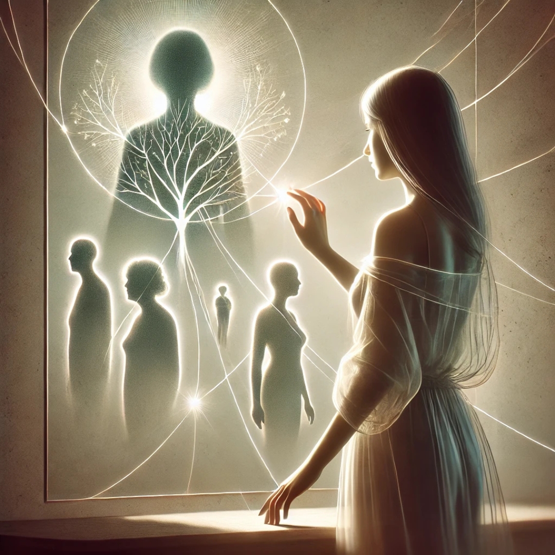 Illustration symbolique d'une femme face à son reflet, découvrant des images du passé familial et des liens invisibles, représentant la prise de conscience d'une blessure transgénérationnelle