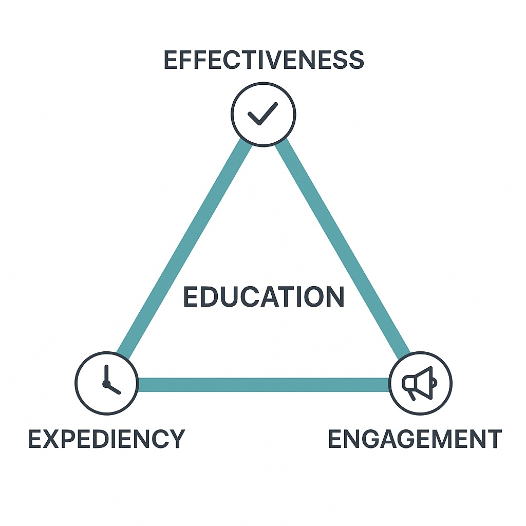 Triangle diagram showing Effectiveness, Expediency, and Engagement at each corner with Education in the center.