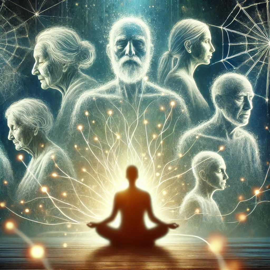 Illustration symbolique de la thérapie transgénérationnelle avec une personne en méditation entourée de figures ancestrales lumineuses