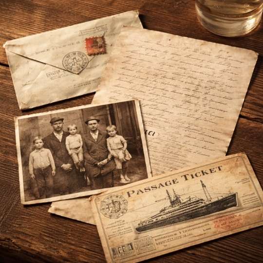 Valise ancienne, lettre manuscrite italienne et photo de famille illustrant l’émigration italienne dans une recherche transgénérationnelle.