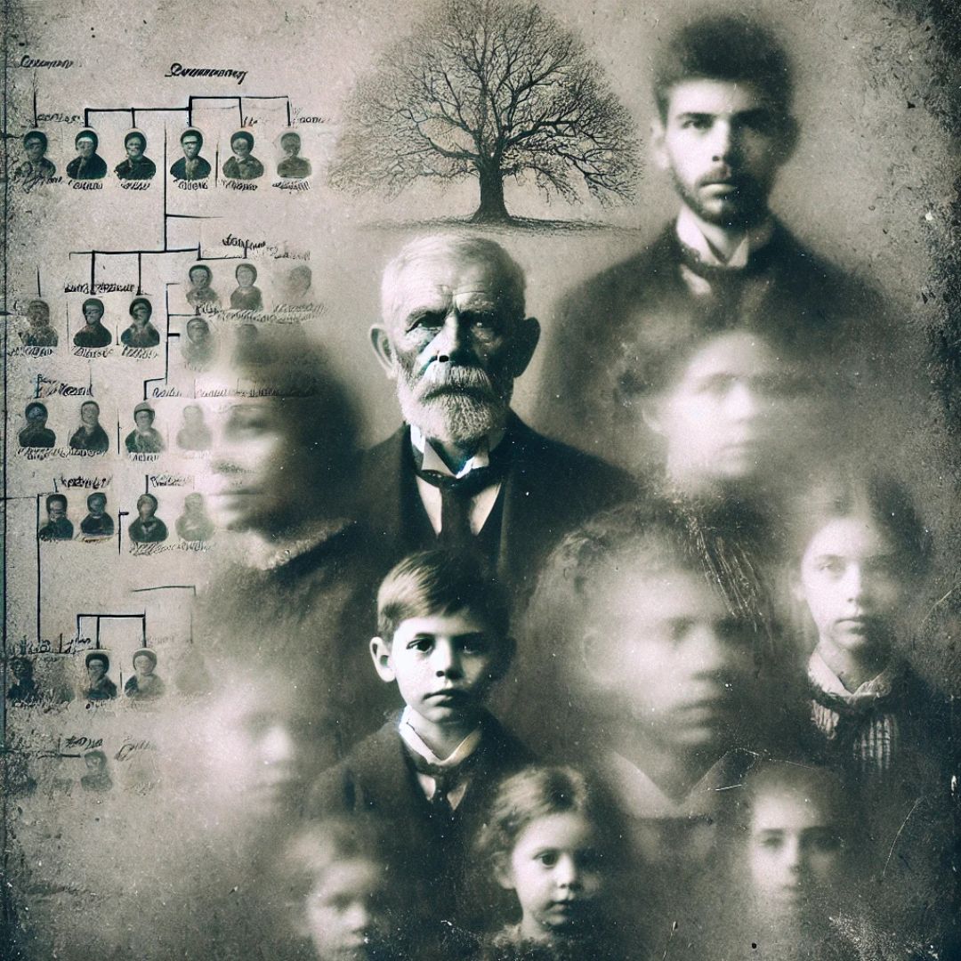 Portrait ancien de famille en noir et blanc, avec visages floutés et arbre généalogique, symbolisant les mémoires transgénérationnelles
