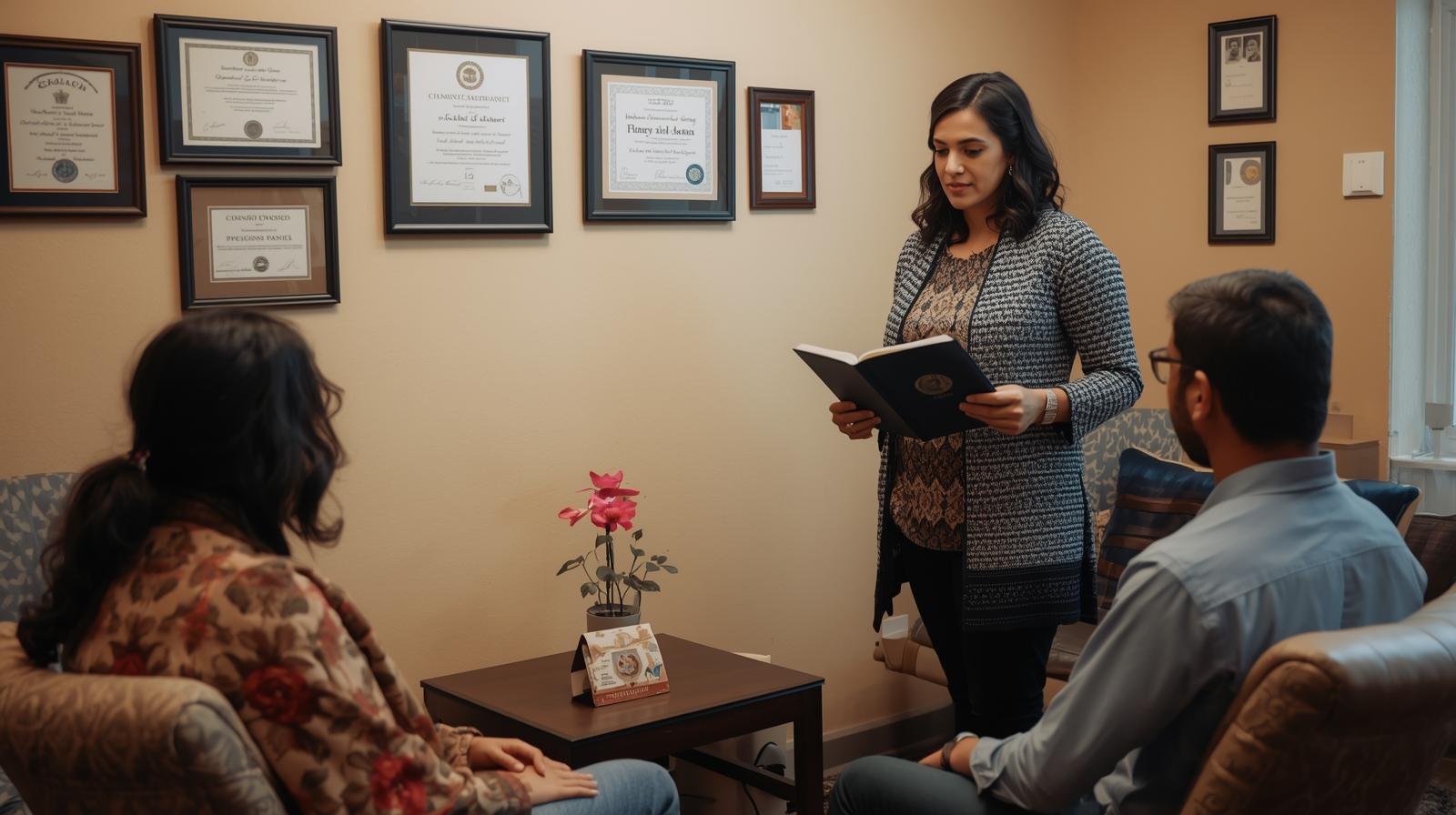 Therapist showing safeguarding credentials to clients