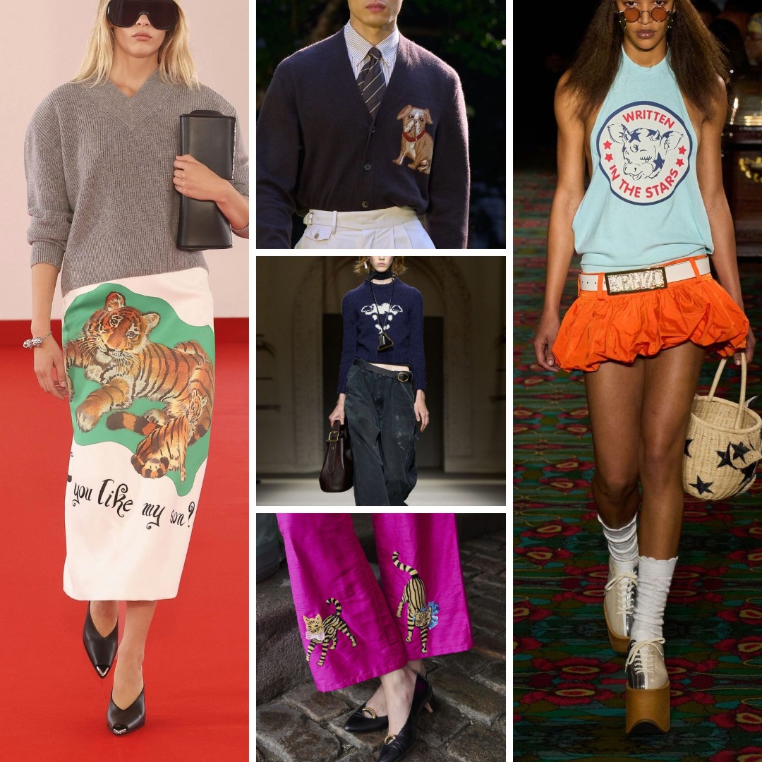 Spring/Summer 2026 runway looks showing animal imagery used on everyday garments: a tiger graphic printed on a skirt, a dog embroidered on a cardigan, animal motifs applied to knitwear and trousers, and small animal images positioned on casual outfits rather than decorative surfaces.