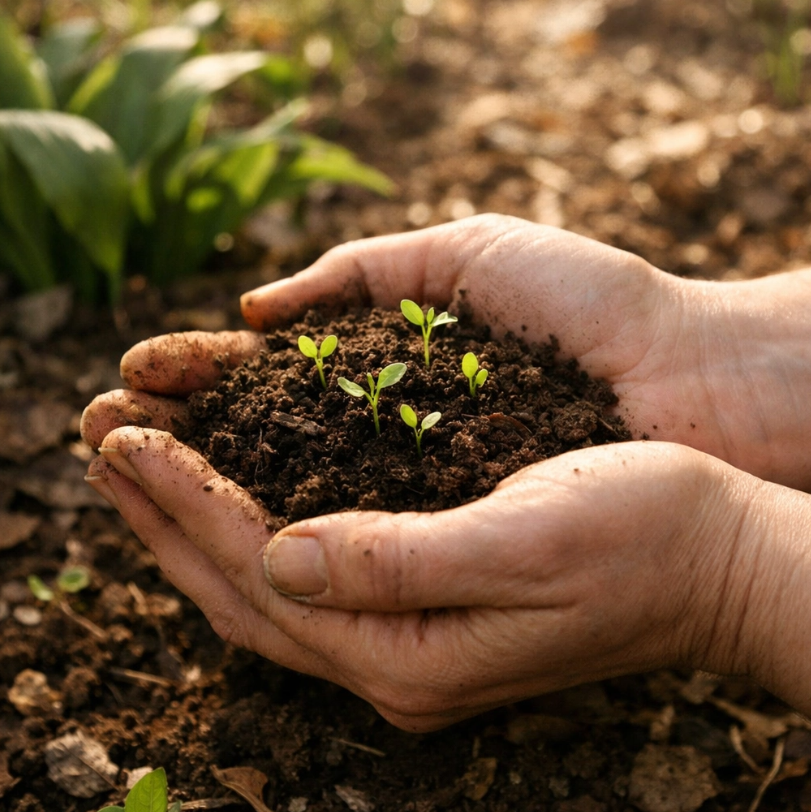 Hands holding rich spring soil with seedlings, demonstrating soil therapy for gut health and wellbeing