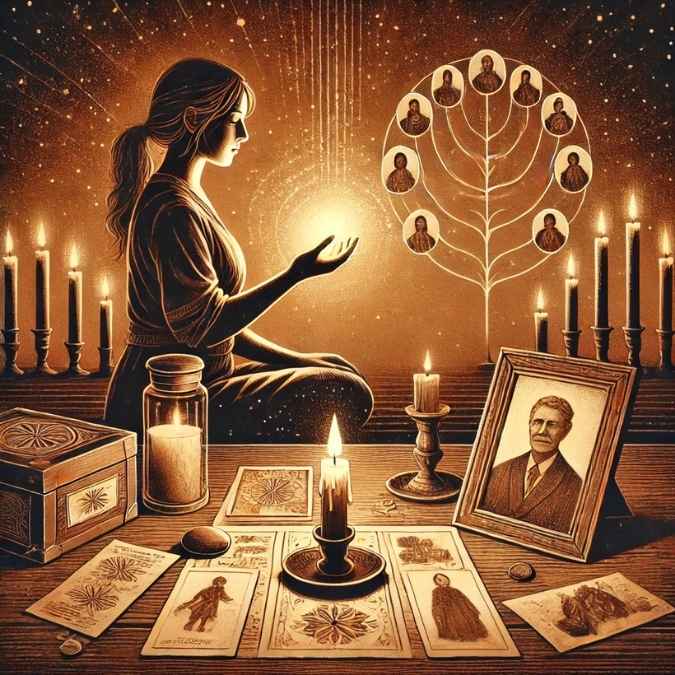 Une femme réalise un rituel symbolique devant un autel familial, entourée de bougies, de photos anciennes et d’un arbre généalogique lumineux représentant sa lignée