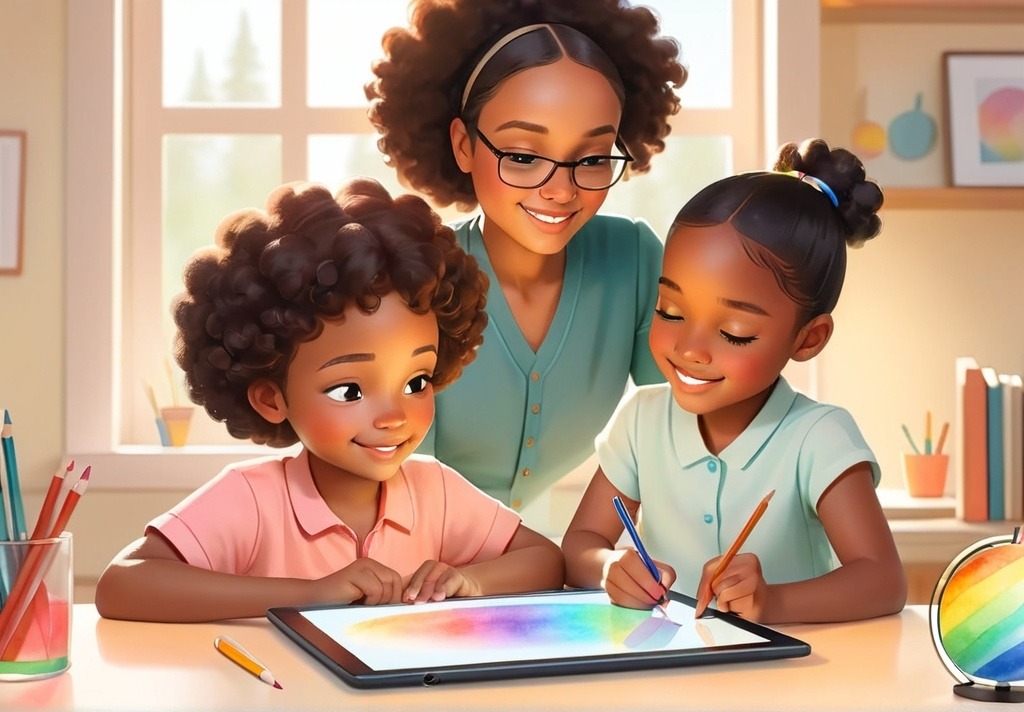 Children and teacher watching a science video