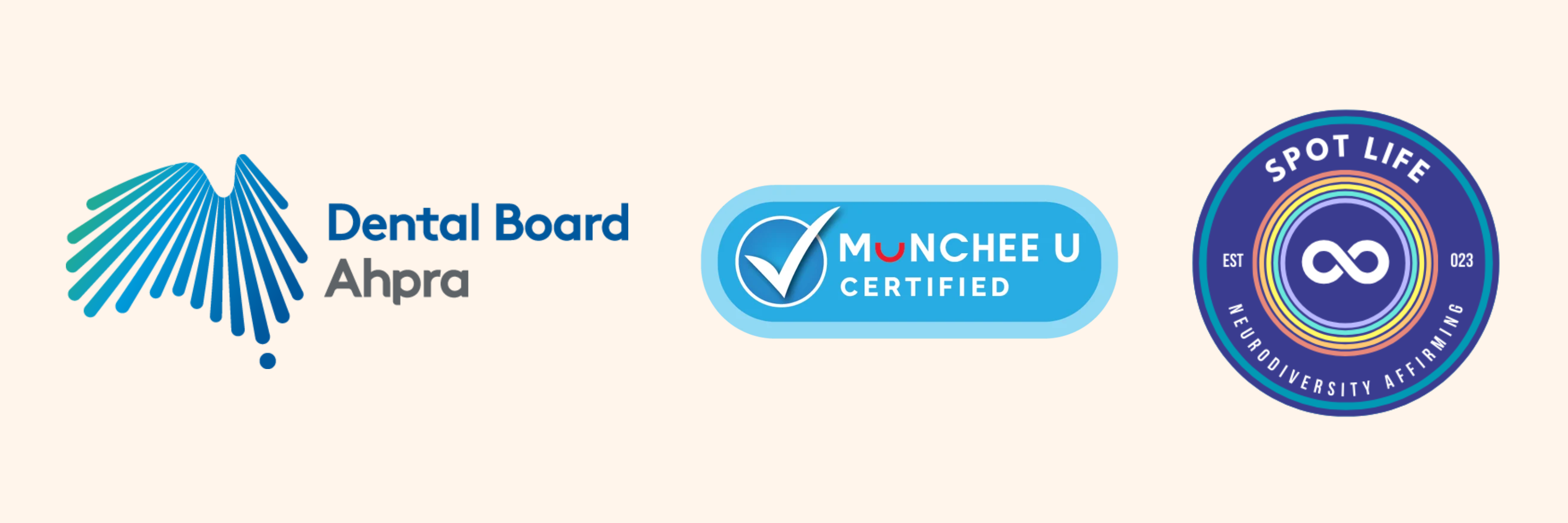 Three membership and certification badges displayed on a green background: Holistic Kids Provider, Munchee U Certified, and Spot Life Neurodiversity Affirming.