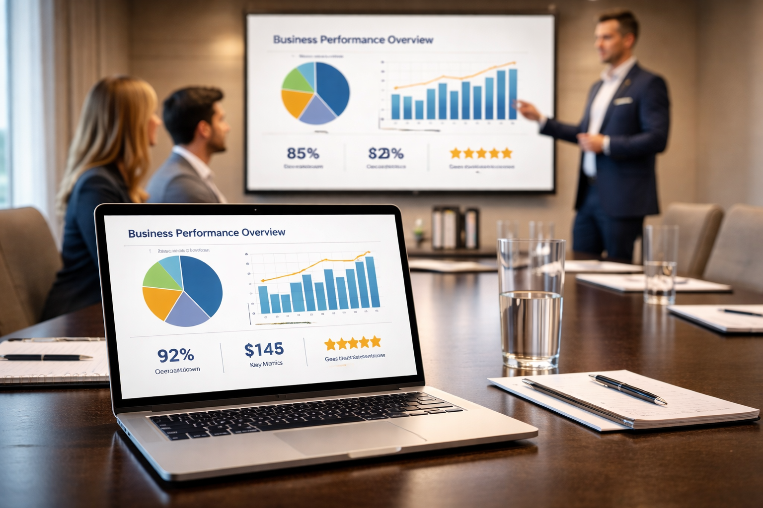 A clean, modern slide deck on screen, ideally in a meeting or presentation conA laptop showing a well-designed presentation deck, and a screen in a hotel meeting room.