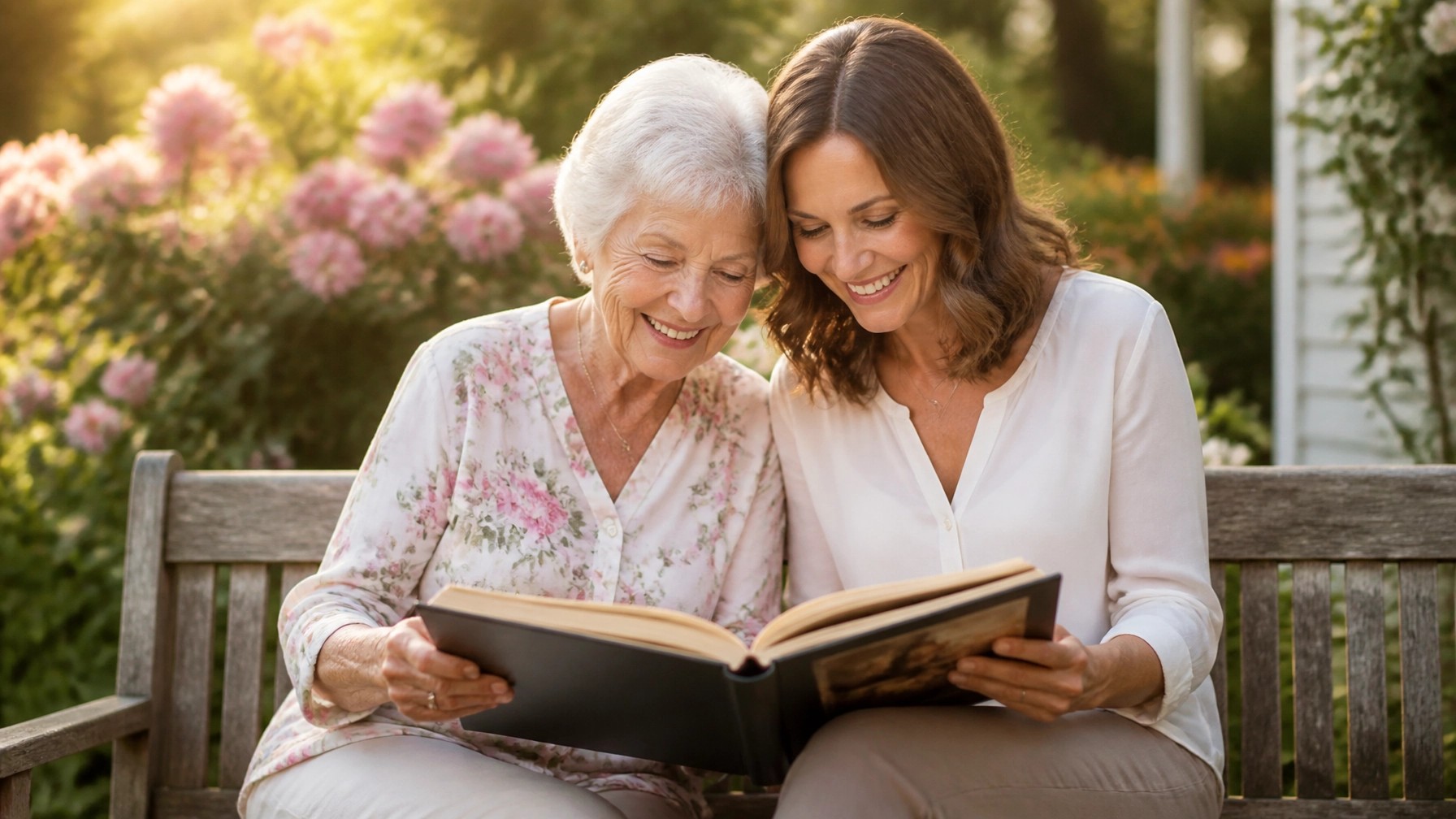 A warm, cinematic photo of a grandmother and her adult daughter sitting closely together, looking through a vintage photo album in a sun-drenched garden.