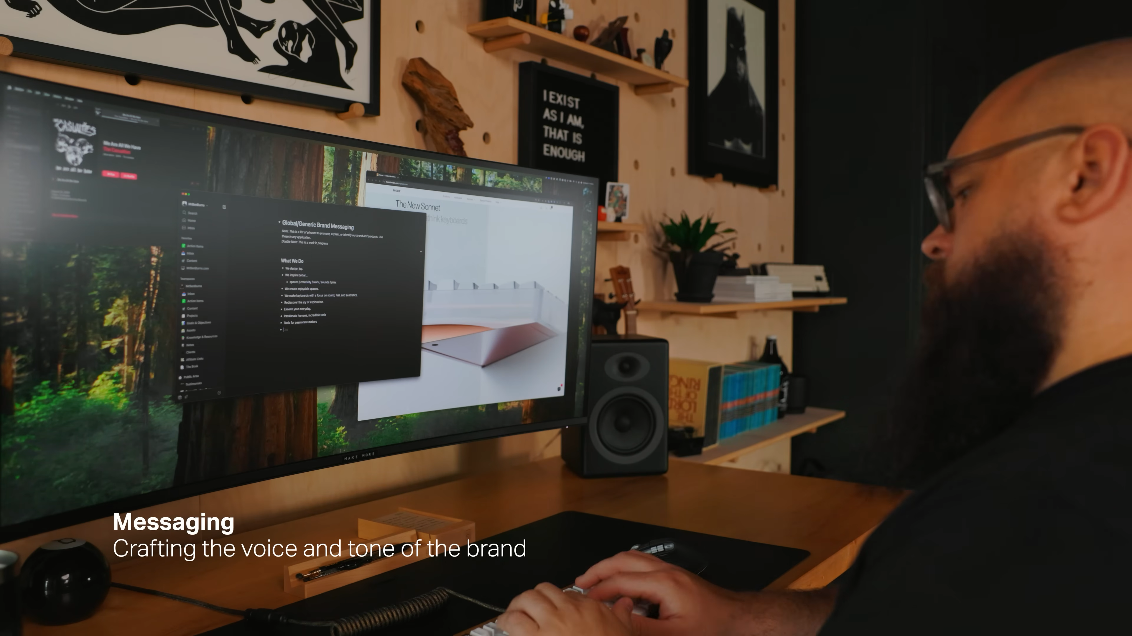 Behind the scenes from Matthew Encina’s Mode brand redesign video, with designer Ben Burns working on UX and brand messaging at his desk, refining Mode’s new identity and digital experience as shown in the video.