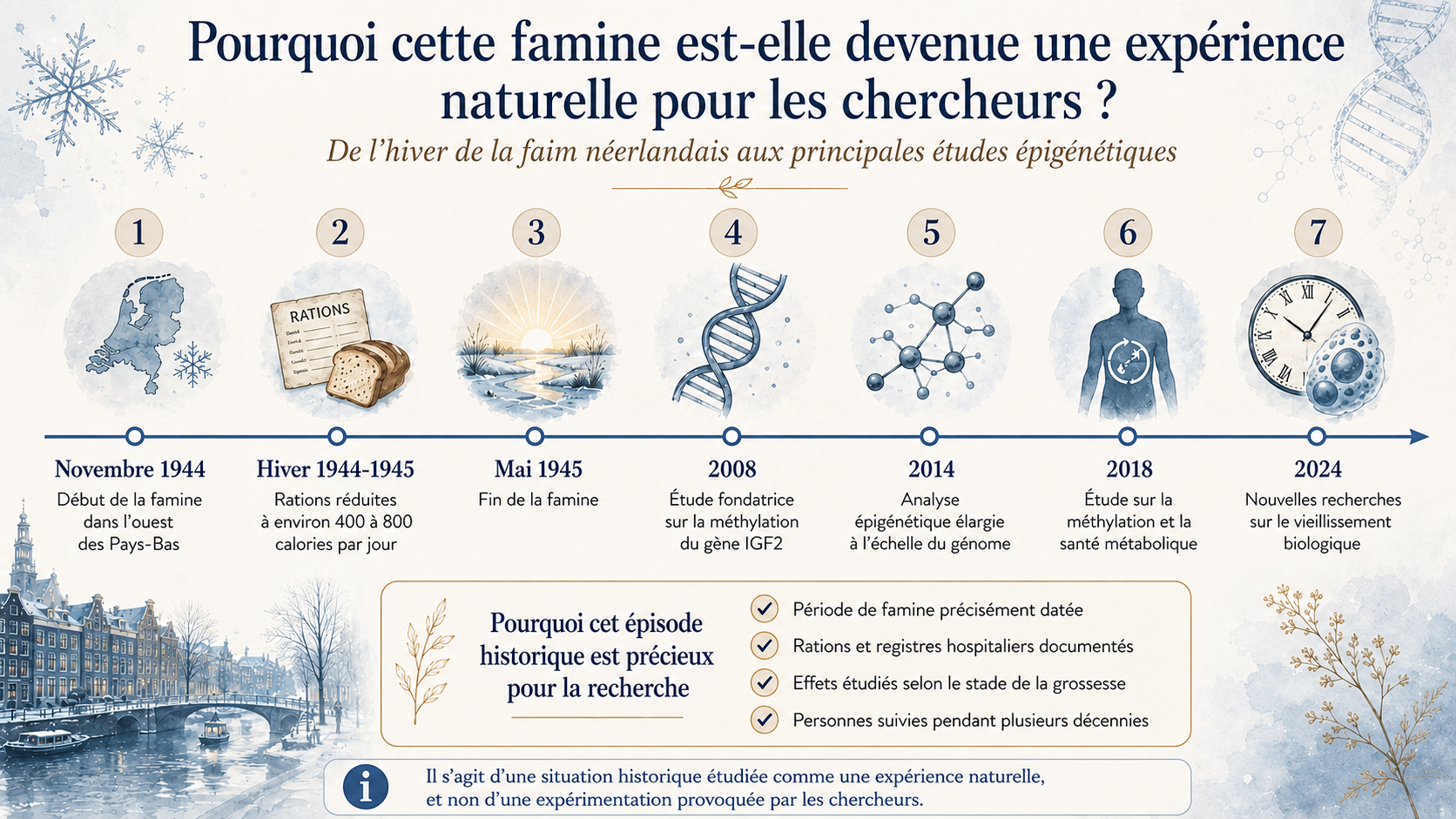 Chronologie de l’hiver de la faim néerlandais et des principales études épigénétiques menées de 2008 à 2024