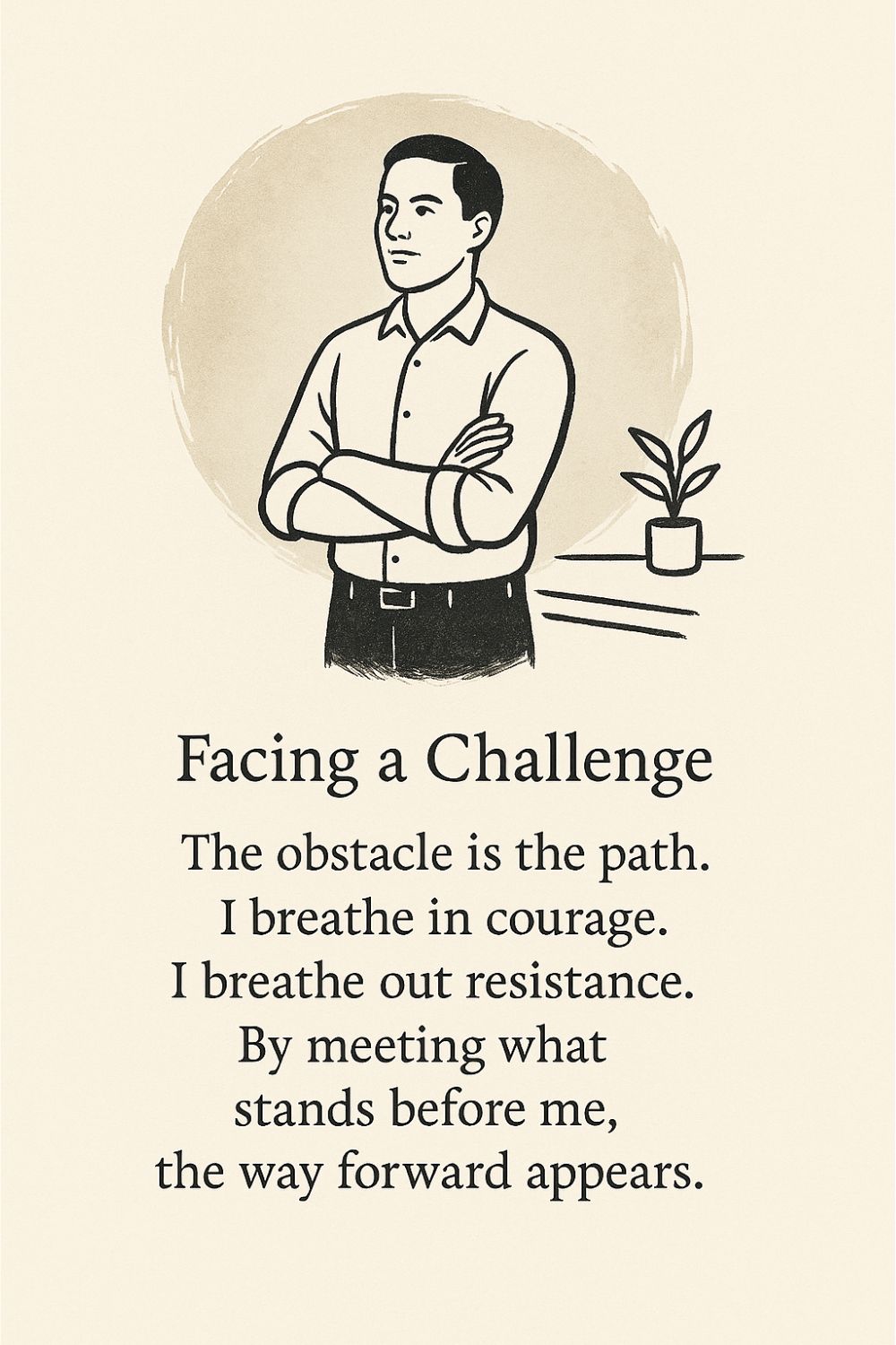 Illustrated Gatha with a calm, confident man standing arms crossed beside a small desk plant. Text reads: “Facing a Challenge. The obstacle is the path. I breathe in courage. I breathe out resistance. By meeting what stands before me, the way forward appears.” Visual style is minimal and contemplative, evoking quiet determination.